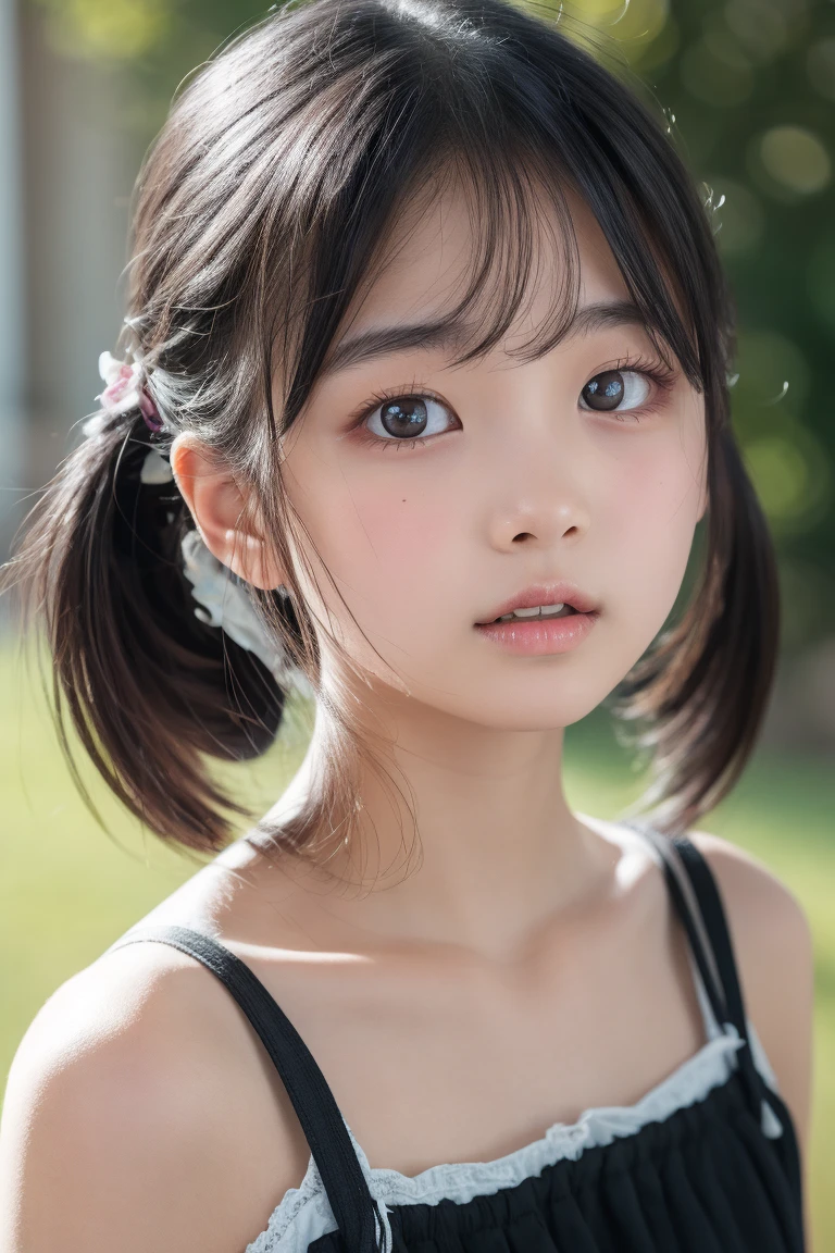 Masterpiece, Original Quality, Top Quality, Best Image Quality, Exaggerated Detail, Half Body Shoot, Clear Face, ???'s Face, Professional Lighting, Lovely 12 Year Old Asian Girl With Shy Expression, Beautiful Detail Eyes, Bloated Cheeks, (Short Hair, Realistic Skin 1.5, Sleeveless Shirt) Outdoor, Pose In Front of Camera, (Chest Emphasis), Smiling, child-looking body, melting backdrop, bokeh backdrop