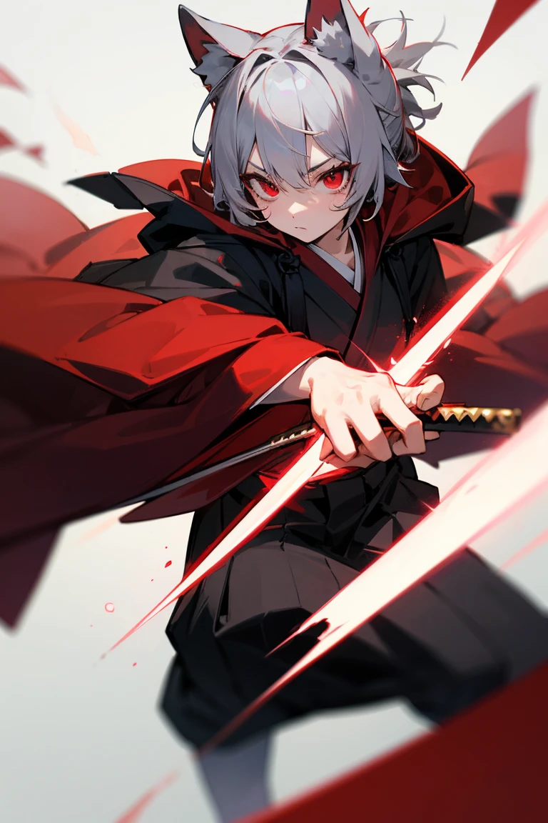 upper body, 1boy, white hair, red eyes, (samurai), katana, scarf, wallpaper, magic circle background, light particles, red fire,