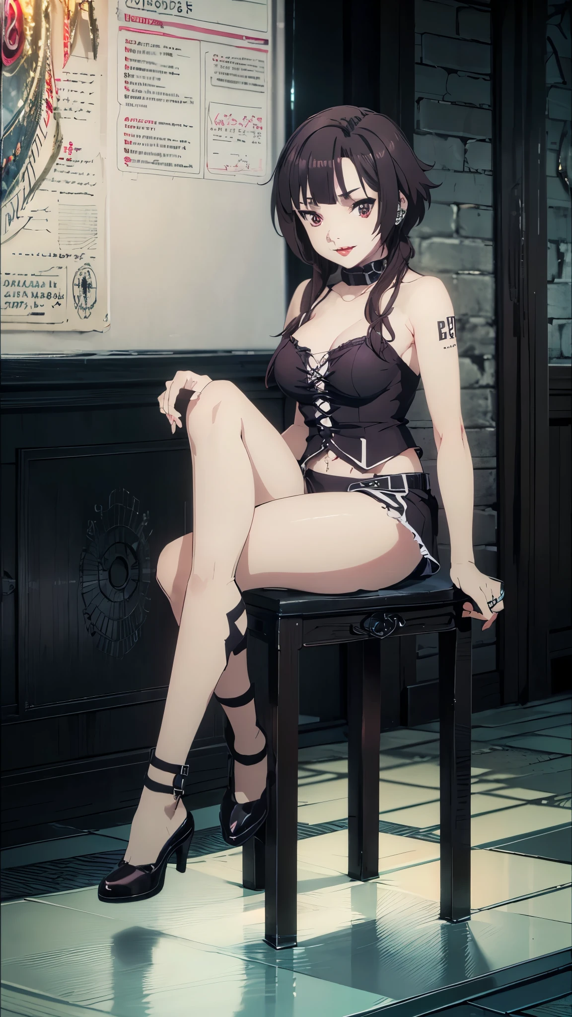 woman, curly red pixie cut hair, green eyes, wearing crop top black shirt, long black jacket, red plaid skirt, (black knee high boots), black fingerless gloves, exposed shoulders, (full body), large breasts freckles, cleavage, abs, looking at viewer, masterpiece, best quality, an14, Holo-Punk Style, sitting on chair