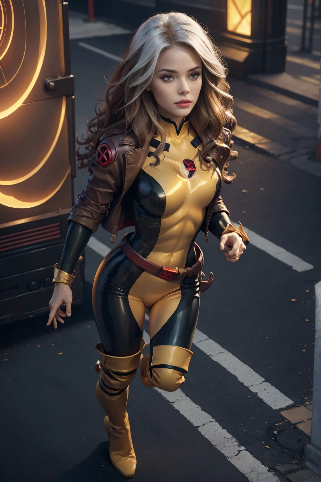 Wolverine X-Men , flet , A beautiful woman. She has light brown hair that reaches around her shoulders. Her bangs are down, hiding her forehead. He is dressed in modern clothing and wears jeans. She has her arms crossed and a defiant look on her face. In her background is a secret, abandoned laboratory that stands in the darkness of night , roupa preta e amarela super heroi cobrindo o corpo todo 4k
