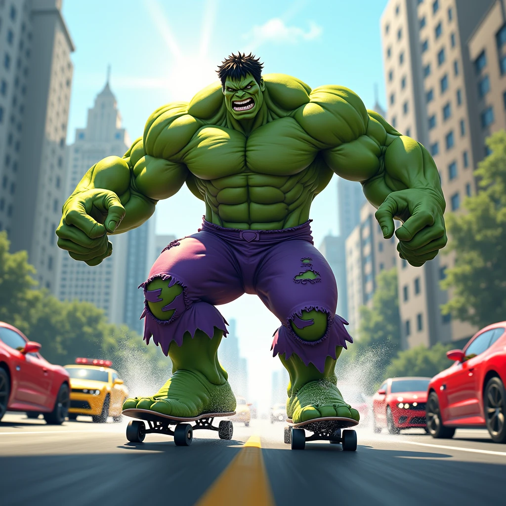 Obra-prima, de melhor qualidade, personagem incrivel hulk, na cidade de las vegas, pisando em carros, com cara de raiva, pulando em cima de carroa amassados, e segurando um pote vermelho de tampa preta escrito creatina no centro, em letras brancas