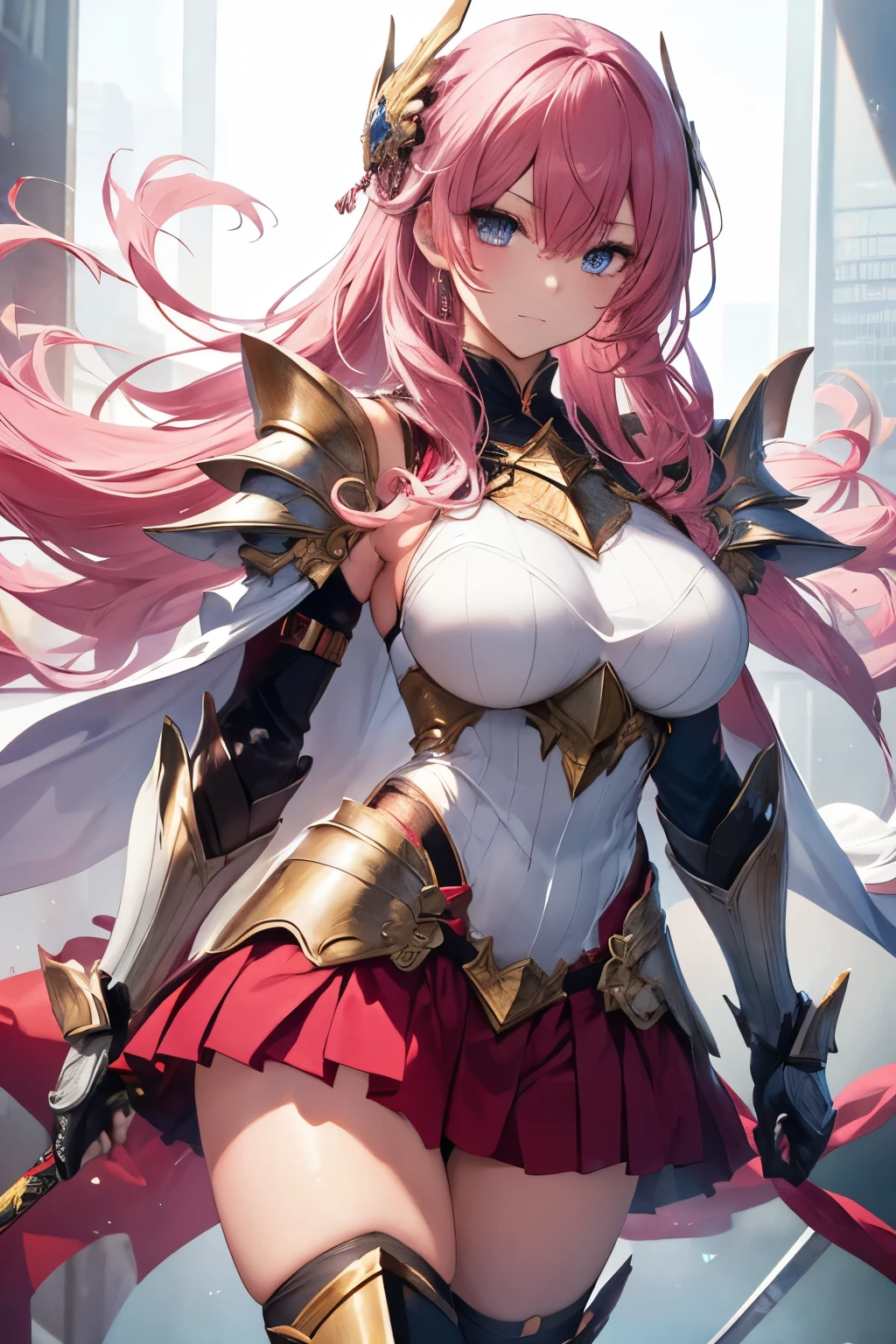 masterpiece,best quality, ultra highres,8k,16k,delicate photography, sharp line, sharp focus, (perfect anatomy:1.5), RAW photo, resolution,realistic,ultra detailed,sharp focus,RAW photo,白,蒼,黒,UHD,
BREAK,
beautiful Japanese girl,large breasts,Long eyelashes,Gyaru makeup,Gyaru style,
A beautiful female knight with long, pink hair styled in a 'hime cut.' She wears an embroidered breastplate with metal accents and a flowing cape. Her legs are adorned with thigh-high socks and armored long boots. She wears a high-leg leotard in a T-back style underneath her armor, creating a striking and elegant appearance. She holds a sword firmly in her hand, standing ready for battle with a determined expression, as if preparing to charge into combat.
BREAK,
large breasts,huge breasts,sagging breasts,Pleated skirt,
1girl,armor,