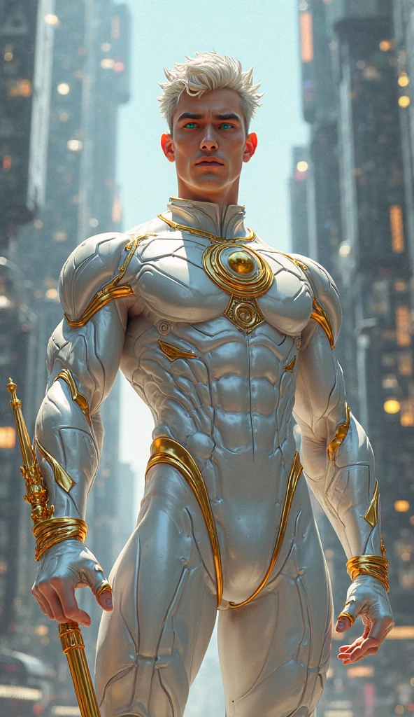 artistic painting of a man, clad in a ((translucent white bodysuit:1.2)), full body, symmetrical, adorned with delicate ornaments, amidst a backdrop of futuristic architecture bathed in natural daylight, intricate hyperrealism, volumetric lighting, architectural photography, professional ominous concept art, by artgerm and greg rutkowski, an intricate, elegant, highly detailed digital painting, concept art, smooth, sharp focus, illustration, in the style of simon stalenhag, wayne barlowe, and igor kieryluk, symmetrical, realistic, cinematic, best quality, detailed background, depth of field, intricate details, dynamic pose, dynamic angle, (huge-muscles), (large pectorals), (puffy nipples)