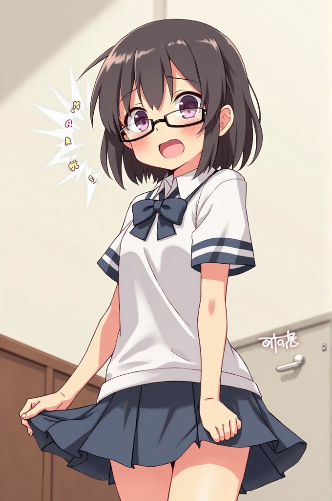 Girl with short hair wearing glasses in schoolgirl outfit with a surprised expression blushing while covering her vagina with her hands in anime style
