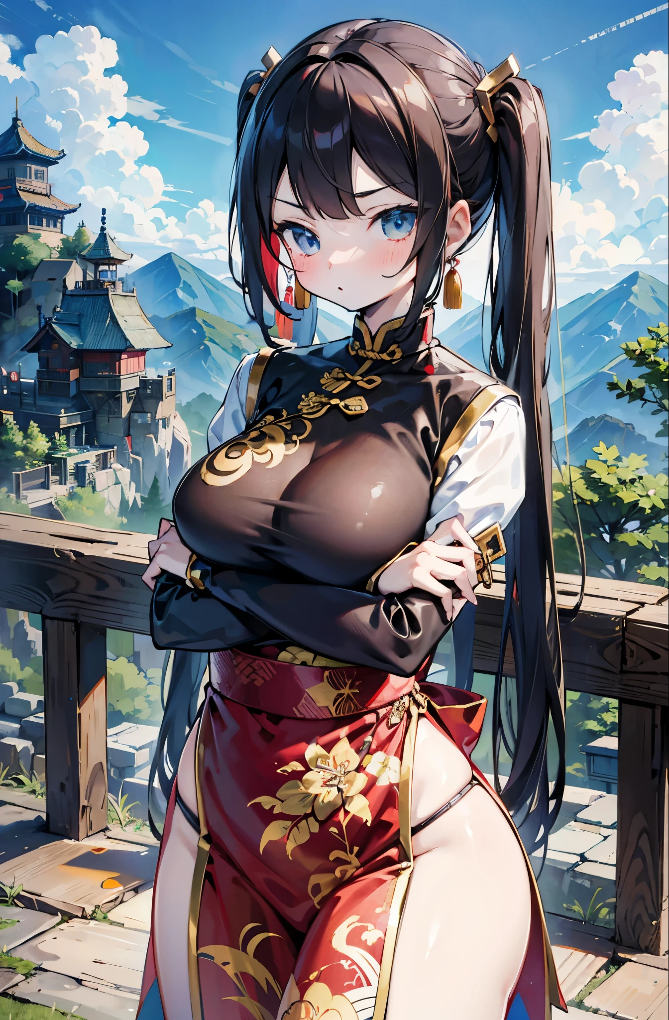 anime,tsundere,twin_tails,loli,Tsundere,Big breasts,超Big breasts,short girl ,Dwarf Girl ,Pout,Pout,big_hips,martial_arts,mountain_peak,clouds,proud_expression,crossed_arms,traditional_chinese_clothing,elegant_dress,chinese_traditional_dress,fan_covering_face,shy_expression,pretending_Calm,ornate _hair_accessories, ite girl
