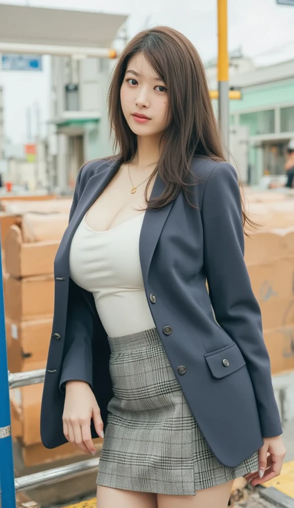 top-quality, masterpiece, 8K, 超A high resolution, (Photorealsitic:1.4), 1girl in、Beautiful expression、symmetrical eye、Colossal tits、Perfect body proportion、OL Costume、Unbutton the chest、a miniskirt、A smile、Look at viewers、(the city street:1.2)、long legged(1.3),((top-quality、8K、masterpiece:1.3))、foco nítido:1.2、Beautiful Women in Perfect Style:1.4、Slender Abs:1.2、((dark brown hair、Colossal tits:1.2))、(natural soft light、City Street:1.1)、Highly detailed facial and skin texture、A detailed eye、二重まぶた、ラテックスの黒のタイトa miniskirtのセクシーな秘書、A slight smil、open-shirt、Sexy costume