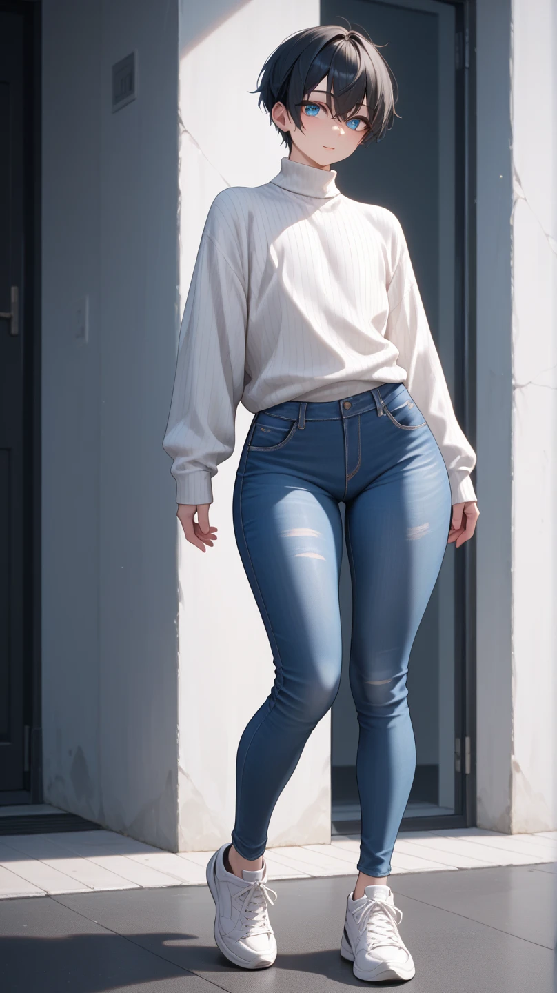 With jeans and a white turtleneck 