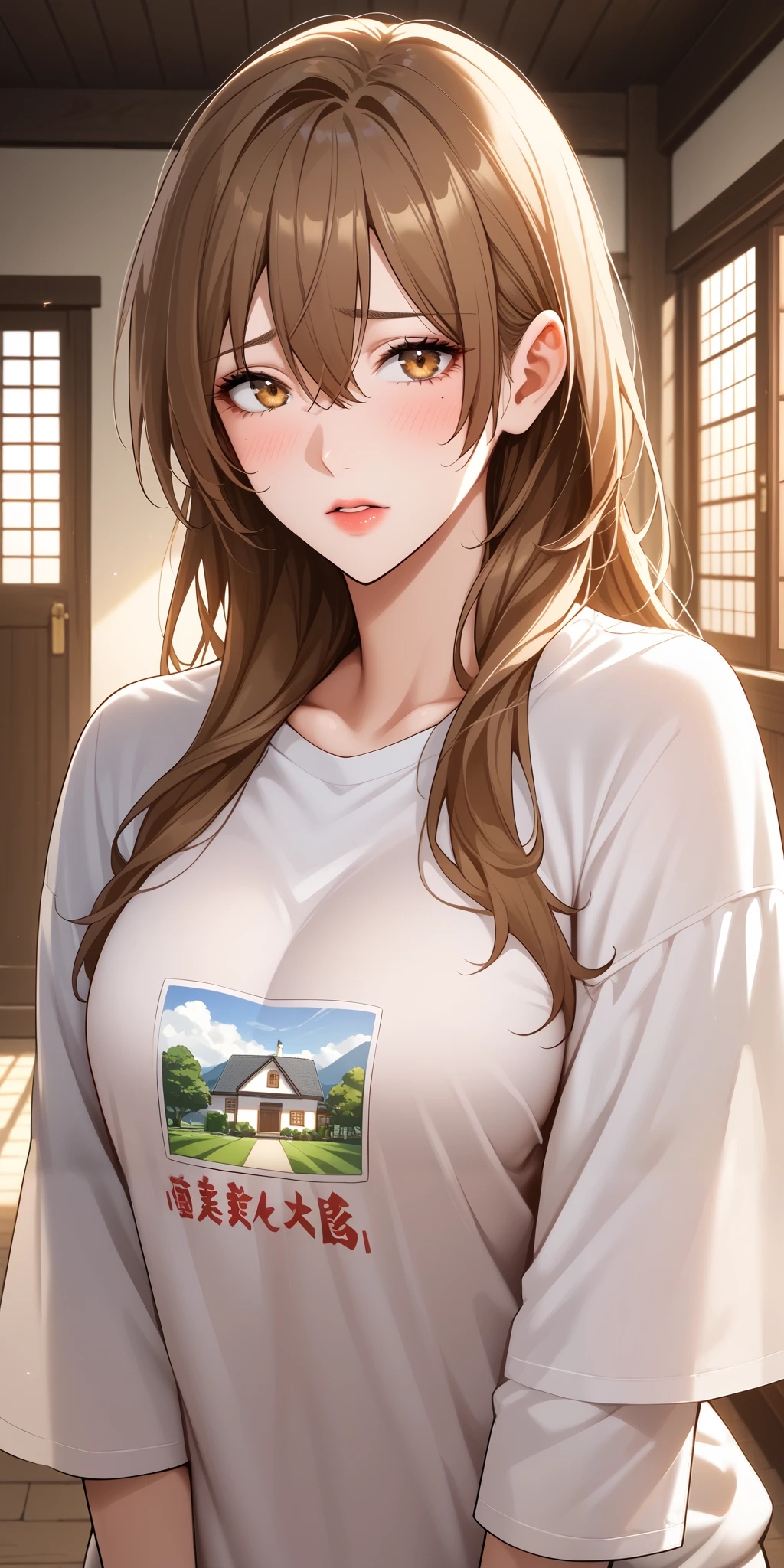 Fraction _9, Fraction _8_climb, Fraction _7_climb, Source_ Japanese cartoon film ,  Japanese cartoon film  art,  Japanese cartoon film  style,  is very beautiful , Masterpieces,   high quality , 1 girl,  诱人的成Middle-Aged Woman人, Middle-Aged Woman, , curvy beauty , t-shirt, long sleeves ,   Brown Hair ,  long hair,  hair between eyes , house, soft light, Crack,   shy, dwarf