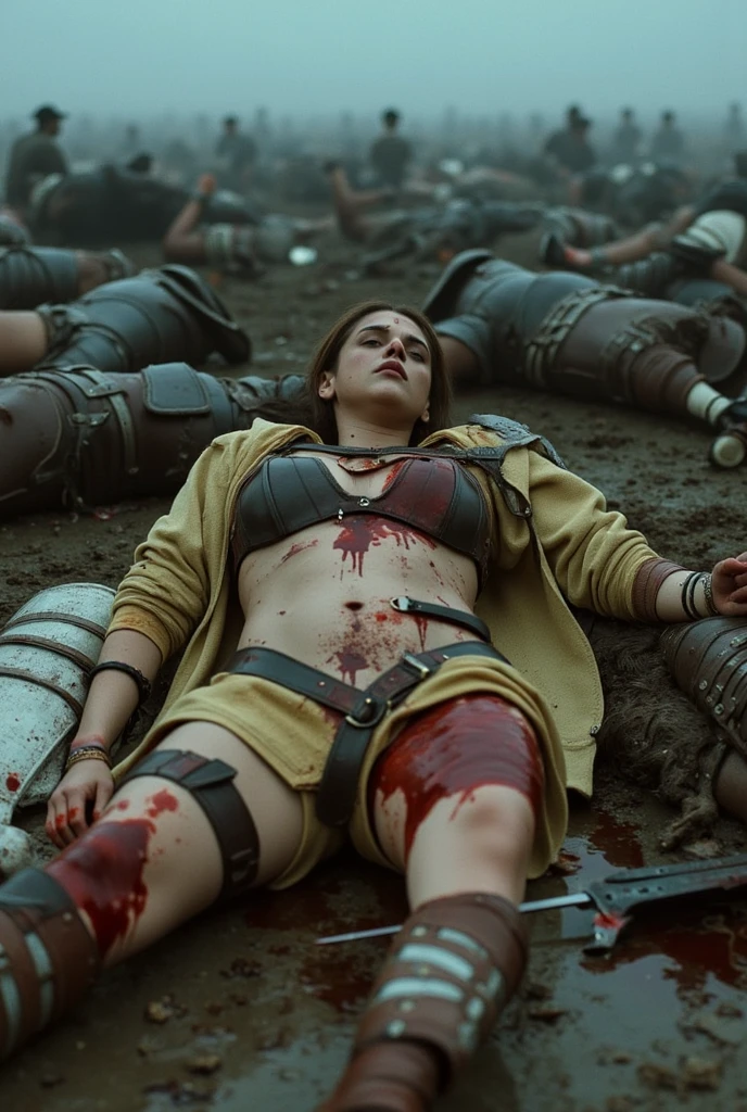 ((masterpiece)), ((best quality)), female kills male, female has big breasts, female exposes belly, female taller than male, slaughter, war, killer, swords with blood, female is spattered by blood of male, female raises a head of male dead body, female warrior cuts off male head, males dead body, shot from below
