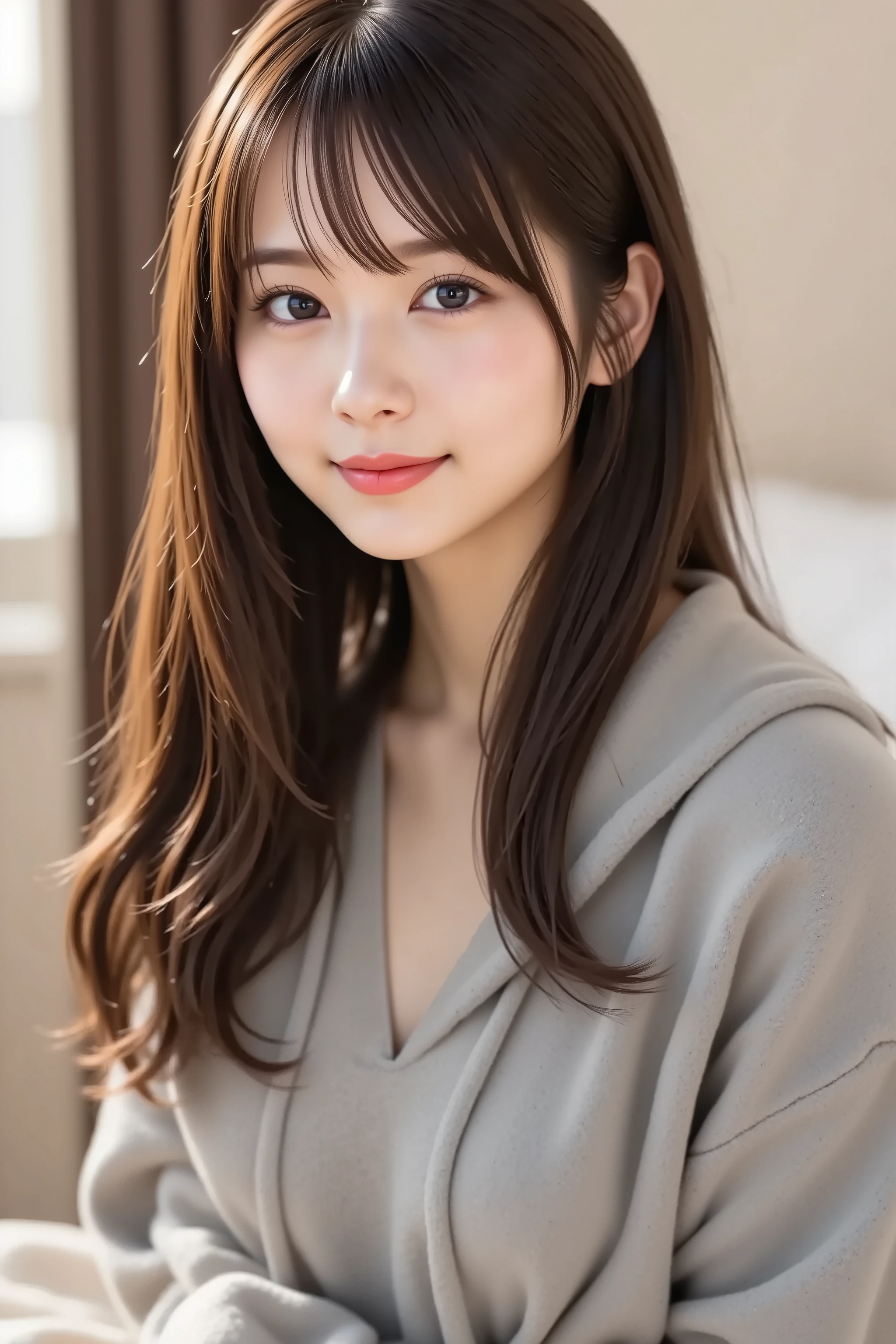 highest quality, figure, super detailed, finely, High resolution, 8k wallpaper, 完璧なダイナミックな構figure, beautiful skin, Big eyes that shine like jewels, (18 year old beautiful girl:1.6), natural color lip, random sexy poses, Chest middle, smile, Highly detailed face and skin texture, Detailed eyes, Double eyelid,leaking teeth and laughing, close-up, overhead shot, Brown hair long hair, (brown jacket:1.2), garden