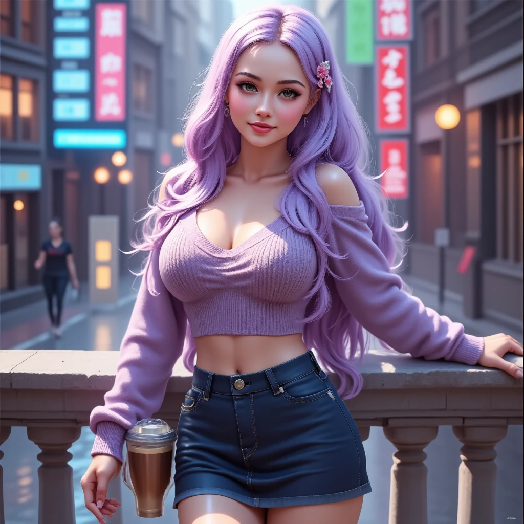 1girl, (huge breasts), Light lavender oversized sweater, white ripped jeans, charm bracelet, celestial motif, white hair, mix pastels hair colors, half-up half-down hairstyle, loose curls, glittering star on hair, uplifting and bright stace, one hand reaching up, charismatic and optimistic expression, radiating positive energy, city at night,