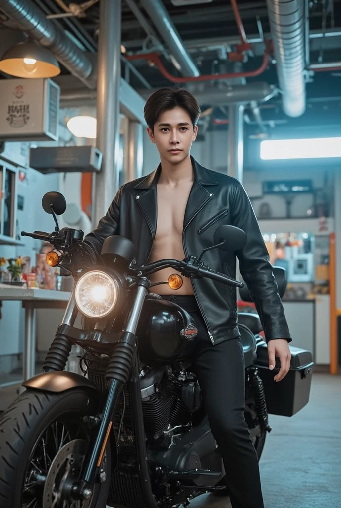 a close up of a person, he stood next to a bigbike motorcycler, bigbike, outsite, topless, shirtless, show sixpack, he wearing white jockstrap or thong underwear, jungkook, hyung tae, very attractive and beautiful, taehyung eating gucci fries, cai xukun, handsome and attractive, attractive and good looking, cant believe it is real, black haired yoongi, official photos, young wan angel, he is about 2 0 years old, he is about 20 years old