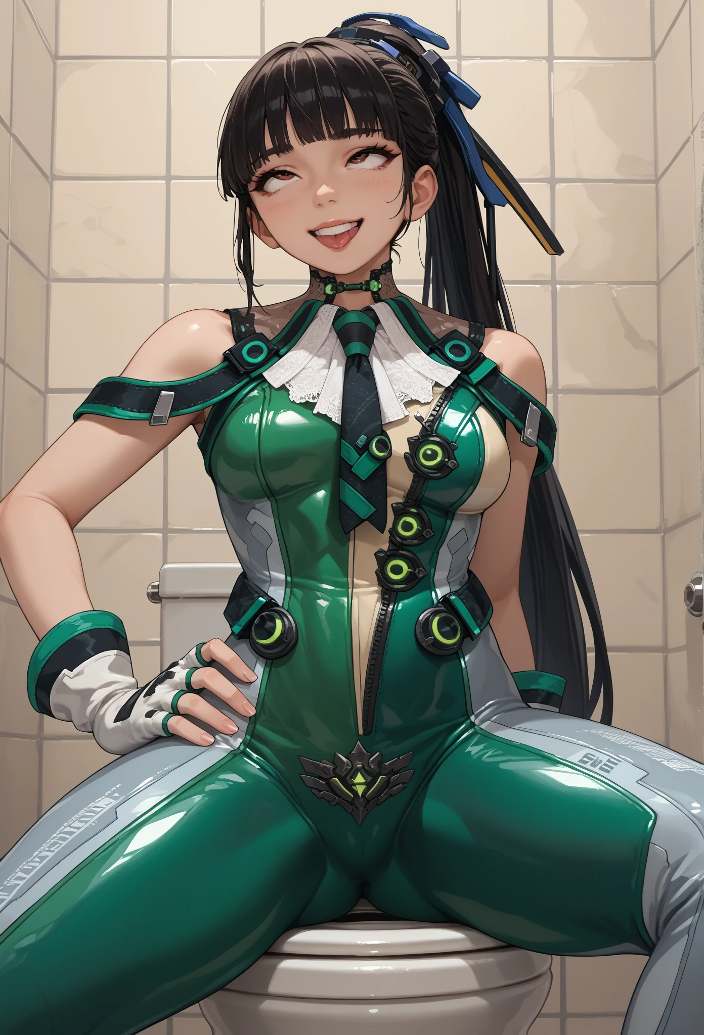 score_9,score_8_up,score_7_up,
very long hair,black hair,1girl,solo,spread long legs,full body, lying down,,ruanyi0530,bare shoulders,android,black choker,bodysuit,zipper,green necktie,mechanical parts,sleeveless,white gloves,green necktie,see-through,green bodysuit,high ponytail, thick thighs, large breasts, curvy hips