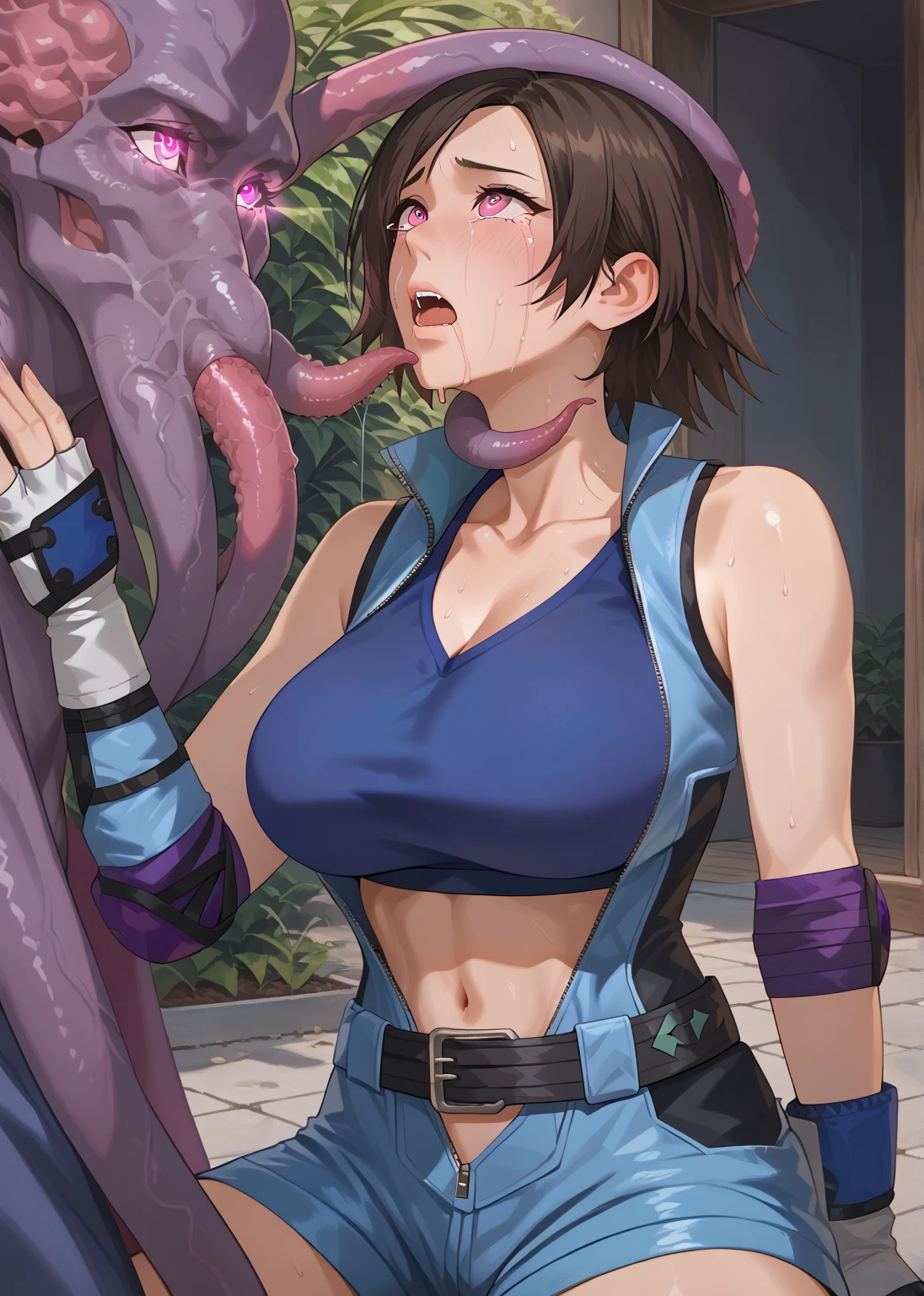 masterpiece,best quality,1girl,blush,tight,outside,crowd,choker,sweat,park,day,parody,(smirk:0.6),solo focus,(<lora:Horsedick_v1:0.8>),penis,(long penis),testicles,<lora:starfire_v1:0.8>,sf1,purple skirt,crop top,purple thighhighs,bare shoulders,standing,