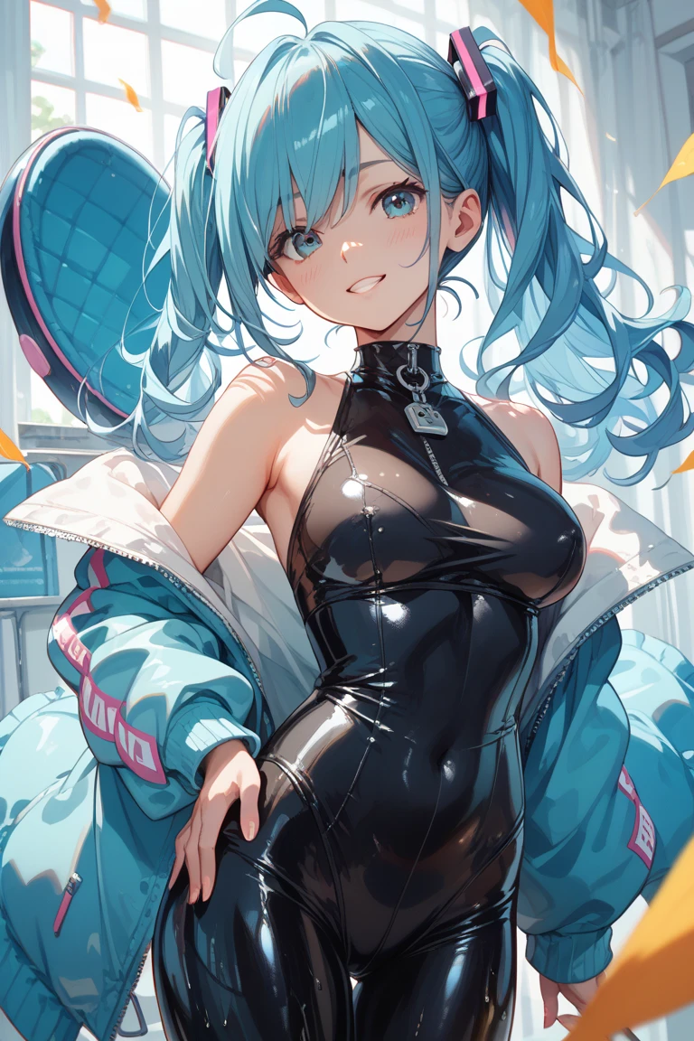 (((anime-style cute face))),(((One woman、Hatsune Miku))),Highest quality, (Sharp details), (8k, RAW Photos, Highest quality, masterpiece), (extremely detailed 8k wallpaper),Professional Lighting,Sharp focus, Depth of written boundary、Ticker,(((Face close-up)))、(looking at the camera),((((very happy face))))、Very big eyes、anatomically correct body、Big thighs、Light from the front、The face is bright、Luxury、Healthful、Slightly muscular、((((Shiny black bodysuit))))、(The frilly mini skirt is pink)、(A short, transparent, rainbow-colored jacket)、wrinkles of the female genitalia、Cleavage、Nipples、White gloves、(Lewd)、Cute small breasts