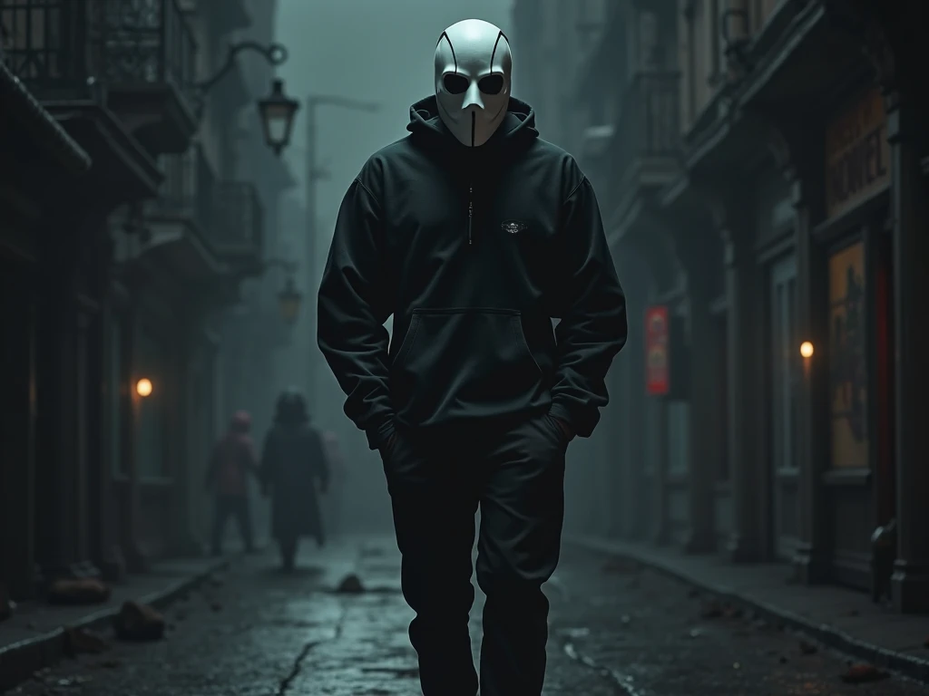 ８ｋ、Dark fantasy、City of Halloween、Ultra HD、Amazing image quality,４ｋ、Black jumpsuit、White Mask、Knife、blood droplets、Full Body Shot,Give the viewer a malicious look, Grabbing Viewer, For the viewer,Misty marshland background,Shallow depth of field, Vignette, Very detailed, High budget, Bokeh, CinemaScope, Sulky, amazing, nice, Film Grain, granular . Creepy, Anxious, dark, Creepyな, Suspenseful, strict, Very detailed