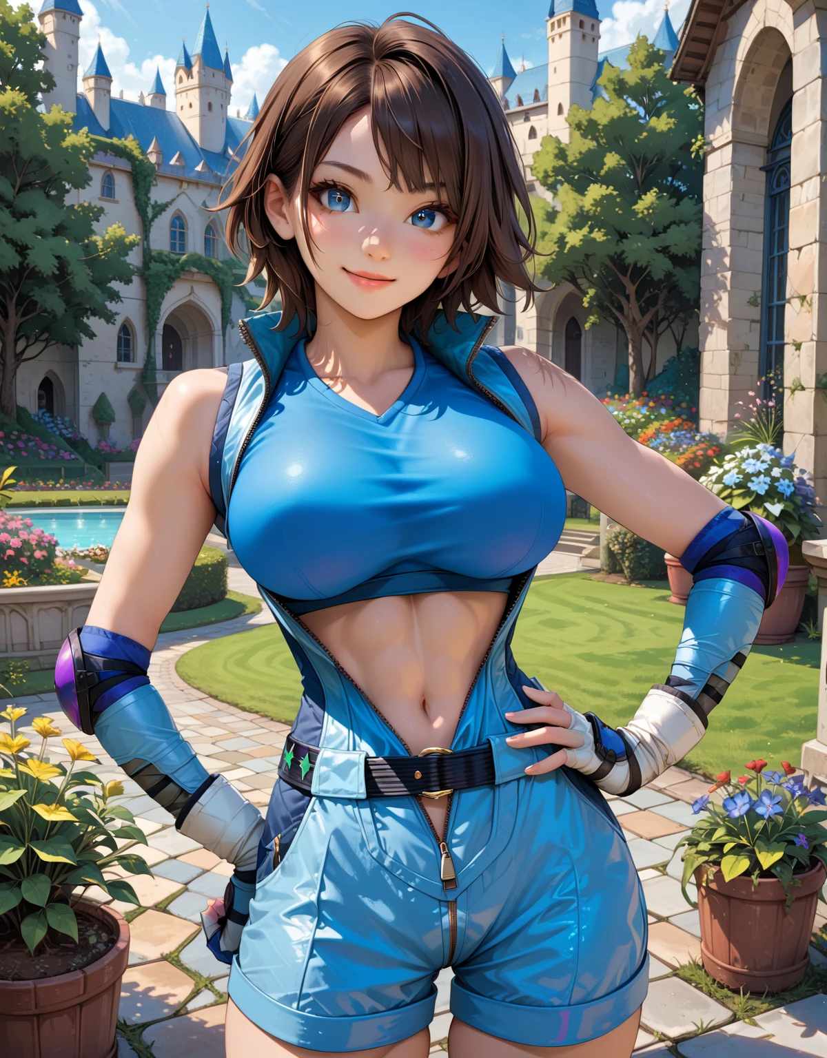 Complex 3D rendering of ultra-detailed beautiful porcelain contoured female face, , Integrated Circuit Parts, 150 mm, Beautiful studio soft lighting, rim Light, Vivid details, Luxury Cyberpunk, Lace, hyperactual, anatomy,((Full and soft breasts,)))(((Large Breasts))) (((Cleavage)))woman in blue top and pants sitting on bench, Nico Robin, 《Dragon Ball》Bulma, The charming Jill Valentine, Samira from League of Legends, princess jasmine, Senna in League of Legends, chun li, Chun Li in the gym, Kitana in Mortal Kombat, Chun-Li, chun - li, Glamorous