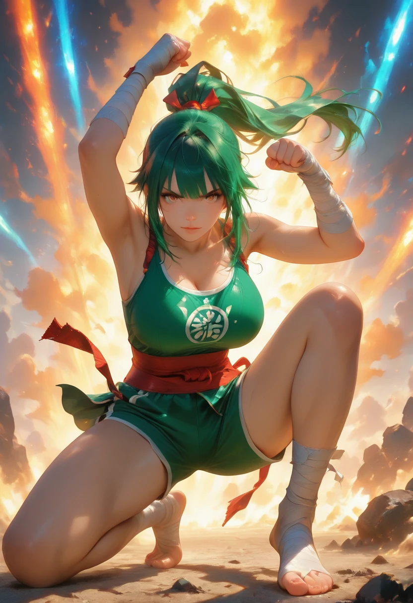 Zeri,Green hair,Lightning is born in your hand,Pitch up,having fun,Trendy clothing,Superskirt,Crop topping,D-cups,cute-style,highly rendered,detailed face with,Fleshy thighs