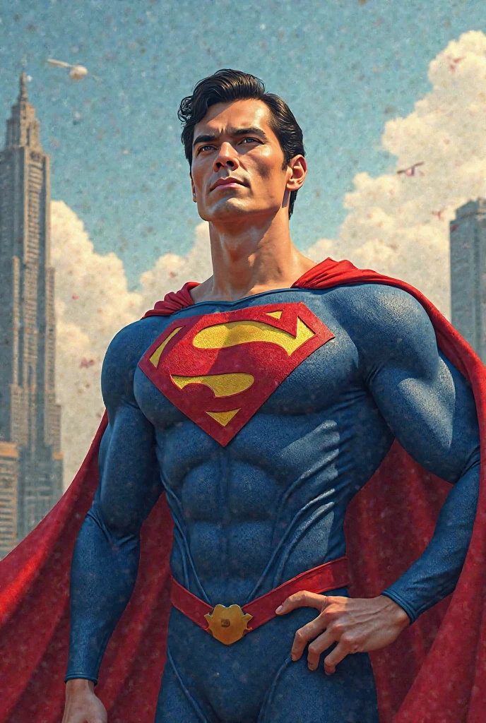 (best quality,4k,8k,highres,masterpiece:1.2),ultra-detailed,(realistic,photorealistic,photo-realistic:1.37),oil painting,Superman,flying in the sky,strength,heroic pose,vibrant colors,dynamic brushwork,highlights and shadows,metropolis skyline in the background,caped crusader,great power and responsibility,traditional art style,aurora borealis,surreal atmosphere,incredible strength,ripped muscles,rippling cape,emblem on the chest,straight, flowing hair,serious expression,dramatic lighting,grandiosity,explosive energy,superhuman strength,determination,golden sunbeam,sky-high altitude,powerful superhero,transcendent,superhuman abilities,defender of justice,parental figure,unyielding spirit,indomitable will,crime-fighting vigilante,legendary icon.
