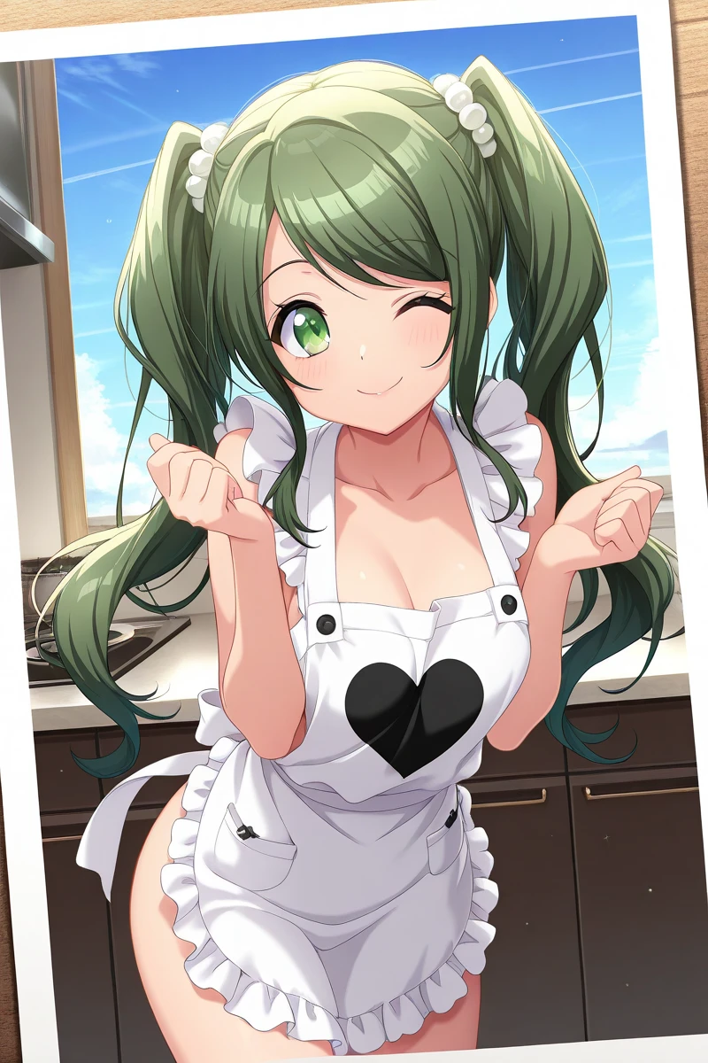 masterpiece, Best Quality, 1 girl, Alone, Kirlia, green fur, Red eyes, paper pale skin, in a kitchen, night scene, moche, unclothed, with a tight apron covering the front of her body, turning his back to the viewer, butt in the air, looking at the viewer, surprised look, shy smile, tight apron, blush, large bubis