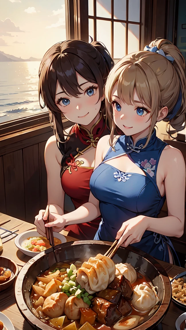 A cute student in underwear and an older teacher eat Chinese food together、Big boobs and small boobs、A thin cute blue bra、Thin cute blue underwear、Large serving of salt ramen, fried rice and gyoza set meal、Beer in a mug、