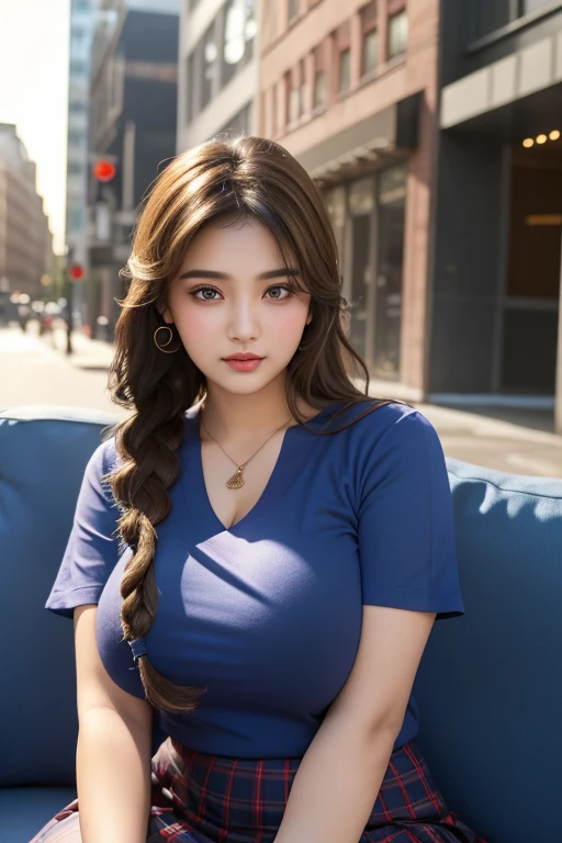 1 pretty girl，white skinned，brown  hair，shorter pants，looking at viewert，pony tails，Cafe，Brown eyes，Realistis，Curvaceous pose，Bigchest，huge tit，ssmile，low chest