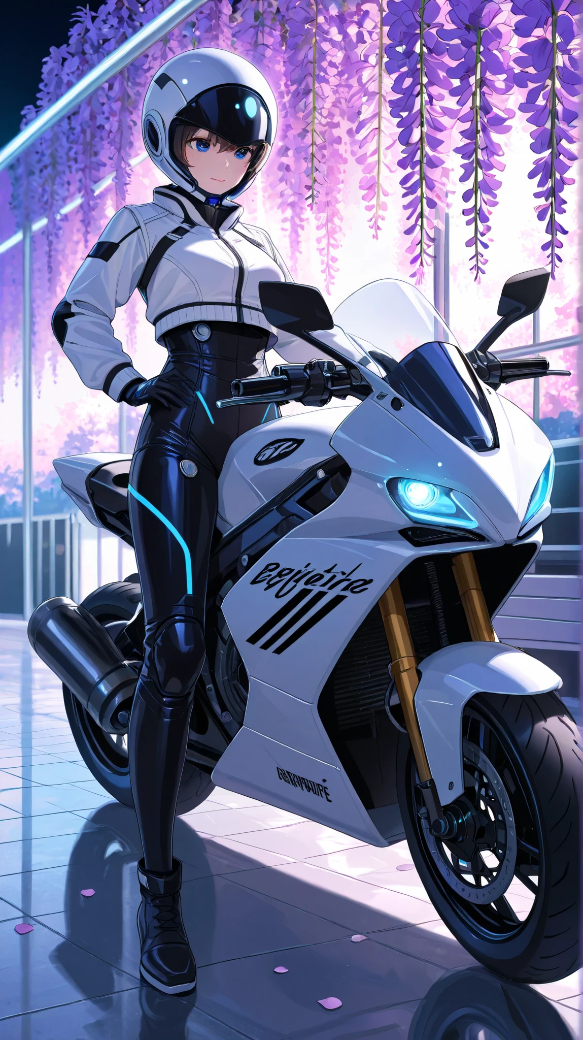 realistic、high resolution、1 、Droid、Mecha Maiden、Machinery Parts、Droidジョイント、single mechanical arm、 帽子mechanical aura、complex mechanical body suit、Mecha Corset、White mechanical body、未来のバイクに乗るcute女の子、Riding an atomic bike with an atom mark、future engine that opens automatically、Shakotan low center of gravity bike、Akira Bike、The big engine shines、engine with a transparent water cooling tank、Spewt steam、transparent water-cooled hose connected to the engine、princess in a white leather jacket、Mech Suit、羽のあるMech Suitを着る、 clear 、girl wearing a round glass helmet、Spaceship helmet、cute、beautiful、 blue eyed girl 、big metallic engine、white red blue metallic color、Metallic tires、tire rubber is white、purple neon lights on the motorcycle engine、round fishbowl in the back seat、transparent side mirror、large metallic fog lights in metallic color、4K、Superb image quality、advanced details、high image quality、3d、Sparkly bike、Wisteria flower background、Amusement park background、petals dance、reflect puddles of water accumulated on the lawn、空にhigh resolution大きな宇宙船が浮かぶ、high resolution宇宙船、fantasy、SF