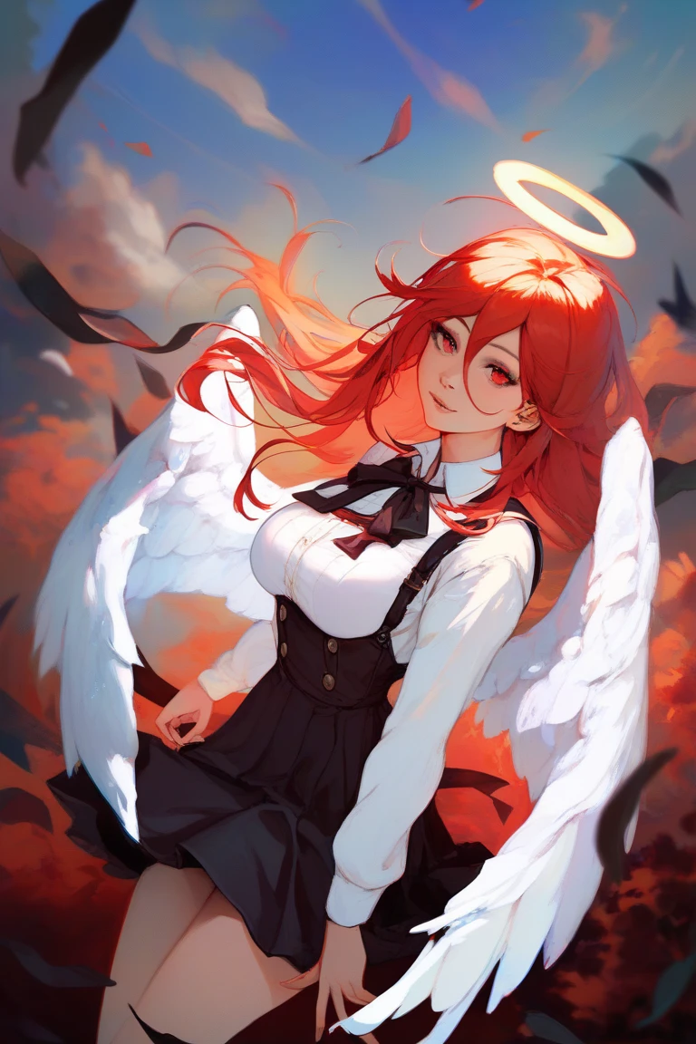 orange hair, orange eyes,girl,Pigtails with the ends tied up,laugh,No panties,light and cute,halterneck,White dress,pink cardigan,Nissocks,Fallen Angel Wings,angel ring,leaking semen,spread your legs,drooling,loose eyes