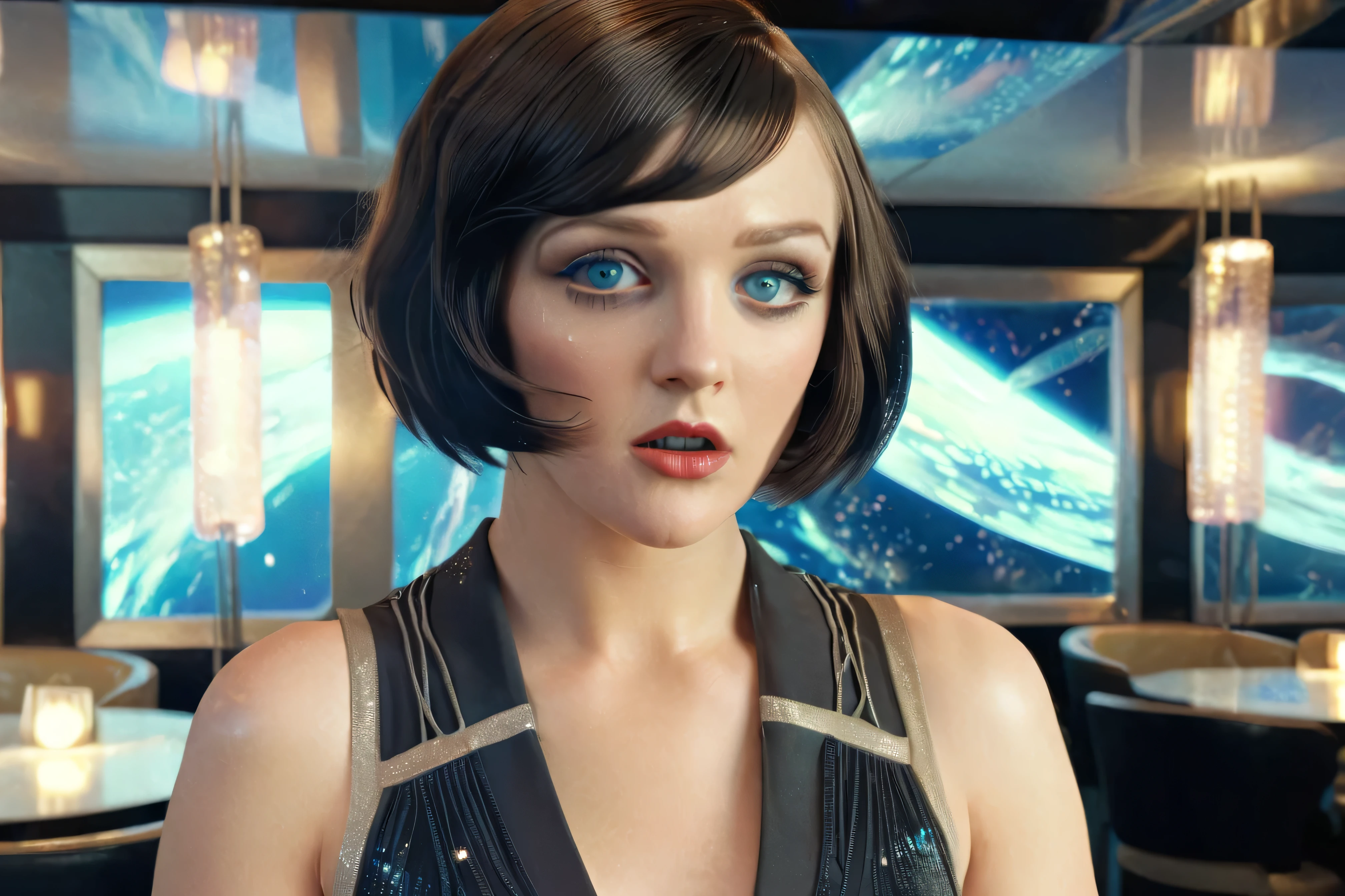 A woman, wearing a matte black cocktail dress with glitter sparkles, collar opening, cleavage and shoulders, she looks at the viewer lustfully, she has flapper style hair, eton crop, short and parted on one side, large blue eyes, poise, cute, average beauty, Billie eillish face, expression of desire,
She is in a realistic future space cocktail lounge in orbit above Earth, Earth is visible through huge picture windows, other guests are seated at tables, the room is cream color, the lights are colorless, the effect is provocative, soft diffused lighting creating intimate atmosphere, sci-fi, Enterprise, soft comfortable atmosphere,
masterpiece, soft lighting, intricate, highly detailed, 4k, 8k, realistic, ultra realistic, high quality, sharp, very detailed, high resolution