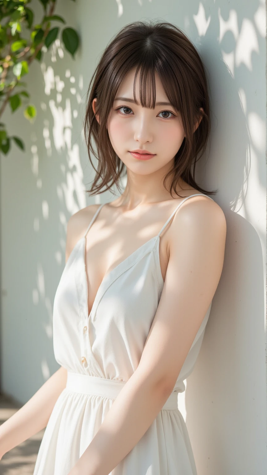 (hyperrealistic), (illustration), (high resolution), (8K), (extremely detailed), (best illustration), (beautiful detailed eyeest quality), (ultra-detailed), (masterpiece), (sitting), (detailed face), solo, (dynamic pose), 1 girl,wavy hair, heterochromic eyes, small moles under the eyes, bukkake, , large breasts, long legs,(open legs:1.2), (cameltoes),(no bra) , (no panties), legs stained with liquid, open legs, Others looked at in surprise, shy, and blushing , bukkake, (White nightdress:1.3), tits, (public hair) , (nipples:1.2)