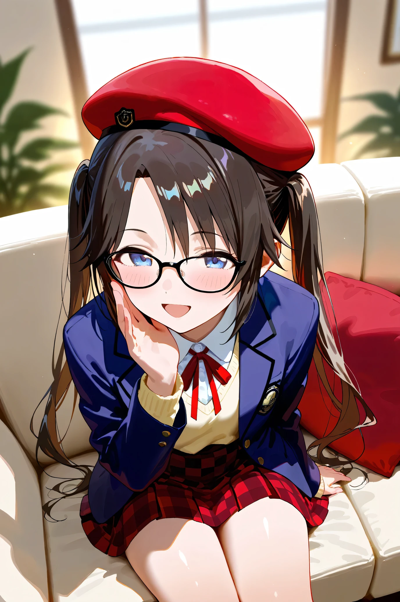 (Masterpiece), (Highest quality), (Very detailed),
(The best shape), (Best shadow), (Absurd),
(Detailed Background), (So beautiful), Shiny,
Beautiful eyes in every detail, Extraordinary, Countershading, 8k, 32K, High resolution,
Very Detailed CG, UHD,
Score_9, Score_8_up, Score_7_up, Source_anime,
(Pastel painting:1.2), (Watercolor painting:1.2),
(Masterpiece, Detailed:1.2), (Foreshortening:1.2),
Cinematic, Dramatic, (Depth of field:1.4),
(Blurry background:1.4), (Realistic background:1.4),
dynamic angle,
1 girl, Solo,
lndoor, Living room, Sofa, Light brown sofa, Cushion,
Mitsumine Yuika,
the idolmaster shiny colors,
yuikamitsumine, 1girl, Solo, Black hair, Long hair, Twintails, High twintails, Blue eyes,
Casual wear,
Beret, Red beret, Glasses, Black framed glasses,
Blazer, Open blazer, Long sleeves blazer, (Indigo blazer:1.2),
Cardigan, Red ribbon,
Skirt, Mini skirt, Red skirt, Checkered Skirt,
(Blush:1.3),
Upper body, Portrait, (Close up shot:1.4),
Naughty face, Whispering,
Sitting on the sofa,
Focus on face,
Realistic skin,
Shiny skin,