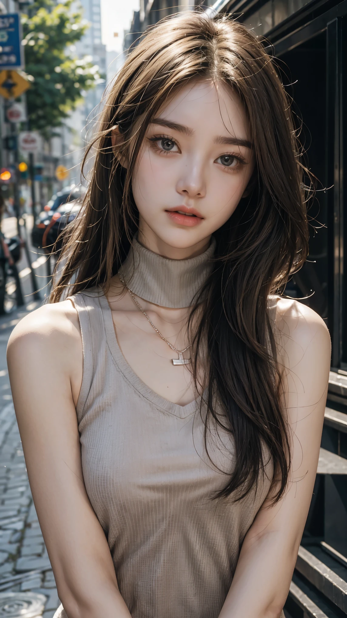 masterpiece、8K、32K、top-quality、(A detailed eye)、(A cute Japanese woman、bangss:1.3)、23years old、1 girl in、elegent、(White concrete wall)、black tank-top