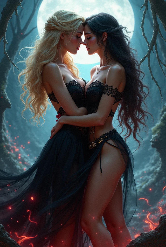 There are two very beautiful and sexy women in the picture with flowers and a chameleon, the theme of alice smiling charmingly in the wonderful world, just like the beautiful alice in the wonderland showing off her beautiful white long legs, the theme of alice in the wonderland portrait, passionate charming long legs, fairy tale artwork, the portal of wonderland, Bright red blue theme, inspired by Alice Prin, from alice in wonderland, wonderland, Tone contrast. 3D enhancement, 300dpi 8K super detailed optical, optical, surreal, three-dimensional, dynamic light, 32K, 18K, High-quality digital graphics, HD, HDR, UHD