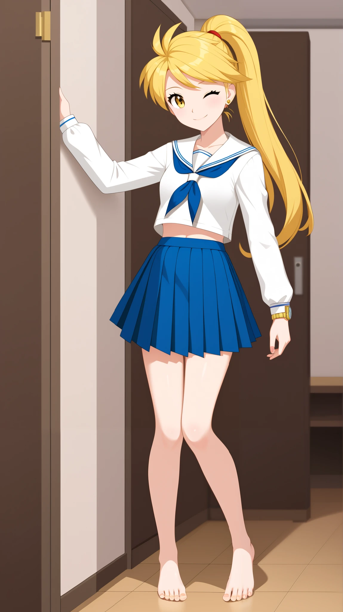 ((top quality)), ((masterpiece)), ((details)), 1girl , Two legs, two arms, golden hair color, ponytail, long hair, yellow eyes, HIGH SCHOOL GIRLS, white sailor suit, blue pleated mini skirt , uniform, bare feet, beautiful feet, thighs, Watch Viewers, 1 Female, Age 18, yellow earrings, Tall, small tits, sexy smile, seductive smile, wink, close one eye, is standing, ANIME COLORING BOOK, full body, slim figure, women's dressing room, (\Pokémon\), score_9, score_8_excellent, score_7_excellent, score_6_excellent, source_anime, cell shading, flat color, vector,