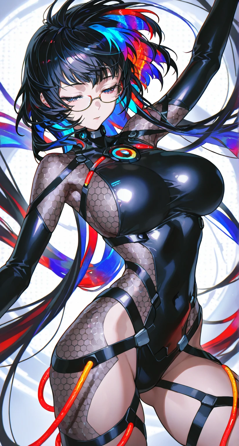 masterpiece, best quality, ultra-detailed, 
rem,re zero, blue_hair, short_hair, large_breasts, 
bust shot, sexy girl, black_hair long_hair,((beautiful face)) medium_breast thin_waist meaty_thighs, full_open long_coat, pantyhose, body_stockings, full-body tights, Zentai suits, morphsuit, RETRO ART STYLE, NEON_POP ART STYLE, ART STYLE, manhwa style