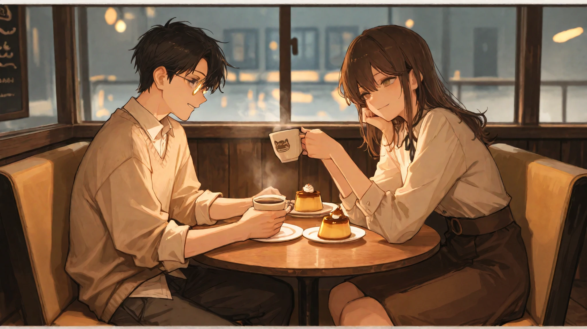 A cozy coffee shop with warm lighting and large windows showing a soft afternoon glow. Emily Carter, a young woman with shoulder-length chestnut-brown hair and warm hazel eyes, sits at a small round table. She wears a beige sweater and a long brown skirt, holding a cup of coffee in both hands, her expression frozen in surprise. Across from her sits Ethan Miller, a tall and refined man with neatly styled jet-black hair and sharp gray eyes. He wears a crisp white dress shirt with the sleeves rolled up, paired with dark dress pants. His gold-rimmed glasses catch the light as he gives her a calm yet slightly amused smile. A plate with a caramel pudding sits in front of Emily, subtly showing that he remembers her favorite dessert. The background features a relaxed café ambiance with a few other customers engaged in quiet conversations.