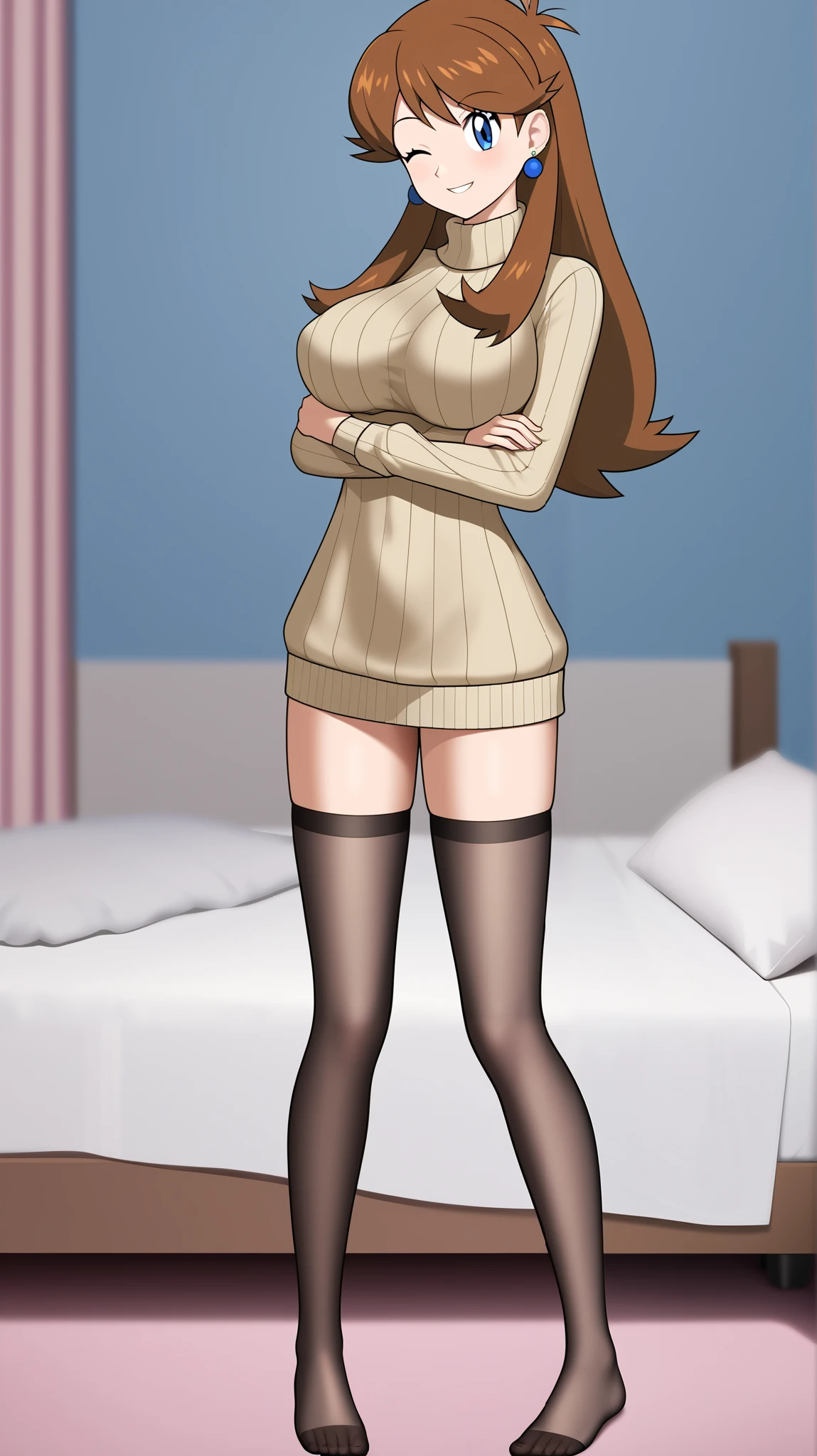 ((top quality)), ((masterpiece)), ((details)), 1girl , Two legs, two arms, orange brown hair color, long hair, blue eyes, Big Breasts, long sleeve vertical stripe sweater, black knee-high stockings, absolute region with to, thighs, blue earrings, sexy smile, seductive smile, Watch Viewers, wink, close one eye, is standing, cross your arms, Tall, ANIME COLORING BOOK, 1 Female, Age 18, Three idiot hairs , with bangs, full body, slim figure, bedroom, bed, (\Pokémon\), score_9, score_8_excellent, score_7_excellent, score_6_excellent, source_anime, cell shading, flat color, vector,