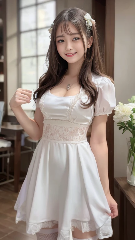 rc,dress,crinoline,long sleeves, ((Cleavage visible, E-cup size)), ((Close shot)), Right leg. Very nice leg, Beautiful woman, sitting gracefully, long flowing hair, sparkling eyes, confident pose, slender and toned legs, elegant crossed legs, form-fitting chic dress, stylish high heels, luxurious well-lit room, tasteful decor, soft ambient lighting, plush sofa, coffee table with vase of fresh flowers, warm inviting color palette, rich gold and beige tones, soft pastels, high-quality, realistic, detailed, 8k resolution.