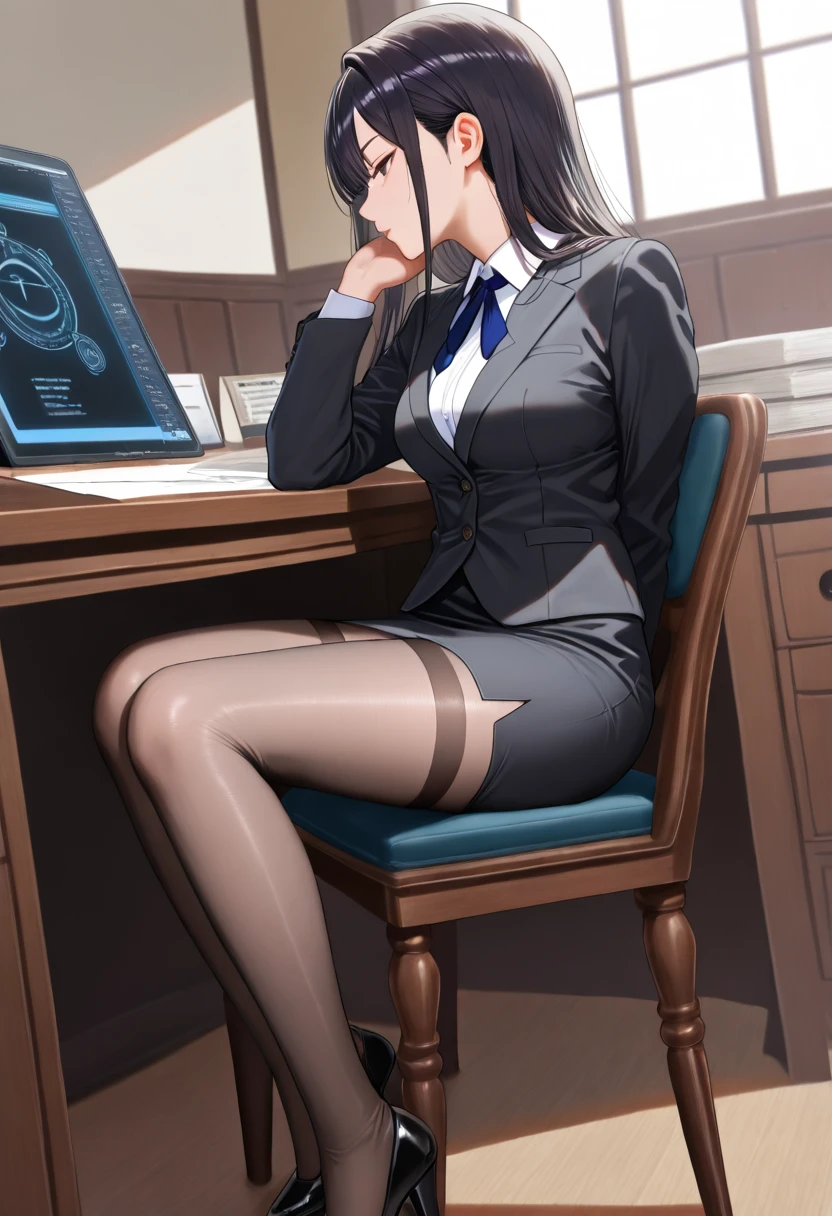 (Masterpiece), ((Best quality)), (Masterpiece,Best quality,offcial art,Extremely detailed Cg Unity 8K wallpaper), (the most Noble and beautiful), (Highly educated woman),Beauty photo, A lady,solo,(Elegant upper-class super elite secretary in a business shirt),Perfect look,Double eyelid eyes,Delicate makeup, working in an office,wearing a strict business suit, (Wear pantyhose),Wear high-end heels,Girl in shirt, dressed in a suit, huge tit,full bodyesbian,dressed in a suit, dressed in a suit, merchant, Business clothes, wearing black suits, Wear a shirt and skirt, Woman in a suit, Business attire,Computer chair,Seated,Erlang legs,high-heels,view the viewer,brightly,Complicated details,foot focus,from below,cool beauty,(tall girl),Dark brown hair, Small piercings,Precisely expresses details such as face and skin texture,(the most beautiful face and eye), double eyelid,delicate skin,slender body shape,alone,medium breasts,(Wearing the most beautiful and noble small earrings), (Visible to the viewer at the bottom:1.5), (Contemptuous gaze:1.5)