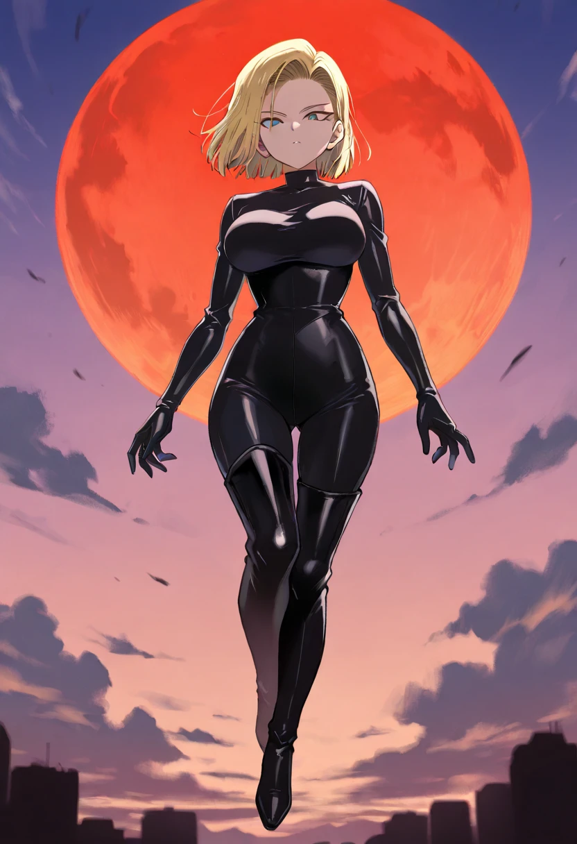 one girl , Alone, Android 18, black latex bodysuit , black boots、black thigh boots, black tights、evil, dusk, solo,
Flying, in the sky, descending from the heavens, look down, looking at the viewer, superior look, elegant, general , Masterpiece, top quality, So Aesthetic , anime screen capture , Big Breasts、 view from bellow