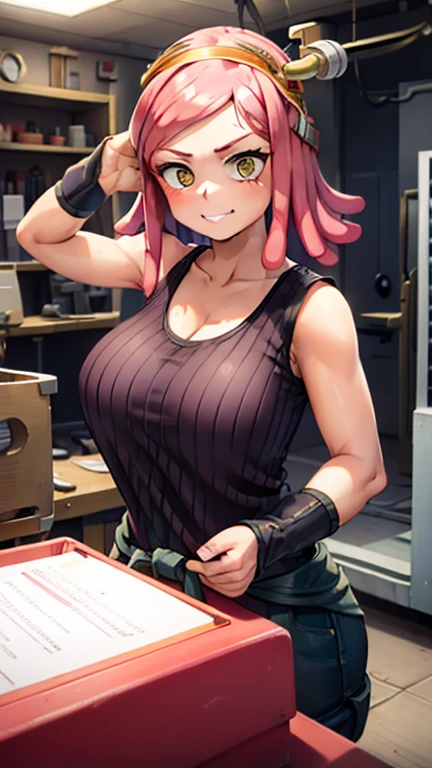 (Alone),Mei Hatsume, a girl with yellow eyes with cross-shaped pupils and asymmetrically combed pink hair, with two longer strands on the right side of her face, stood in front of a full-figured woman. long mirror admiring your reflection.(Wearing),+,Wearing),+,(\A maid uniform with The apron is made of sheer, almost translucent black lace, which barely hides the maid's curvaceous body underneath. The front falls scandalously low, exposing the fullness of her breasts and most of her cleavage. Thin straps hold the apron in place, digging into your shoulders and drawing attention to your toned arms. Her corset is a slinky red number with built-in push-up cups that enhance her already impressive bust size. The corset has a deep V-neckline that disappears into the apron, emphasizing her ample cleavage. Thong-style laces crisscross her back, drawing attention to her narrow waist and the tantalizing hint of her ass. Her miniskirt is made from the same sheer lace as her apron, ending at mid-thigh to give a full view of her toned legs and the red garter belt wrapped around them. The garter belt supports fishnet stockings that ride up mid-thigh, adding a touch of fetish to the overall look. On her feet, she wears stiletto heels with ankle straps, enhancing her seductive and leggy appearance. Her hair is styled in loose, tousled waves, framing her face and drawing attention to her full lips, painted a bold crimson red. To complete the look, she uses a white duster as a prop, using it to tease and caress her own body in suggestive ways. The overall effect is one of unabashed, unapologetic sexuality packaged in a classic maid uniform that has become entirely explicit and provocative.)/,+,(\Facing the front of the fourth wall looking at the fourth wall:1.5)/