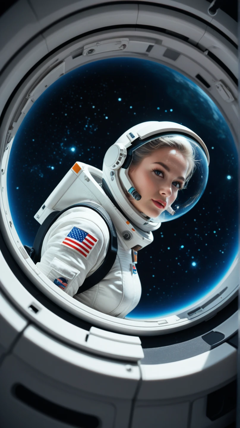 photo of a young space_woman,20 years old, space station, cinematic shot, hard shadows, Fujifilm XT3