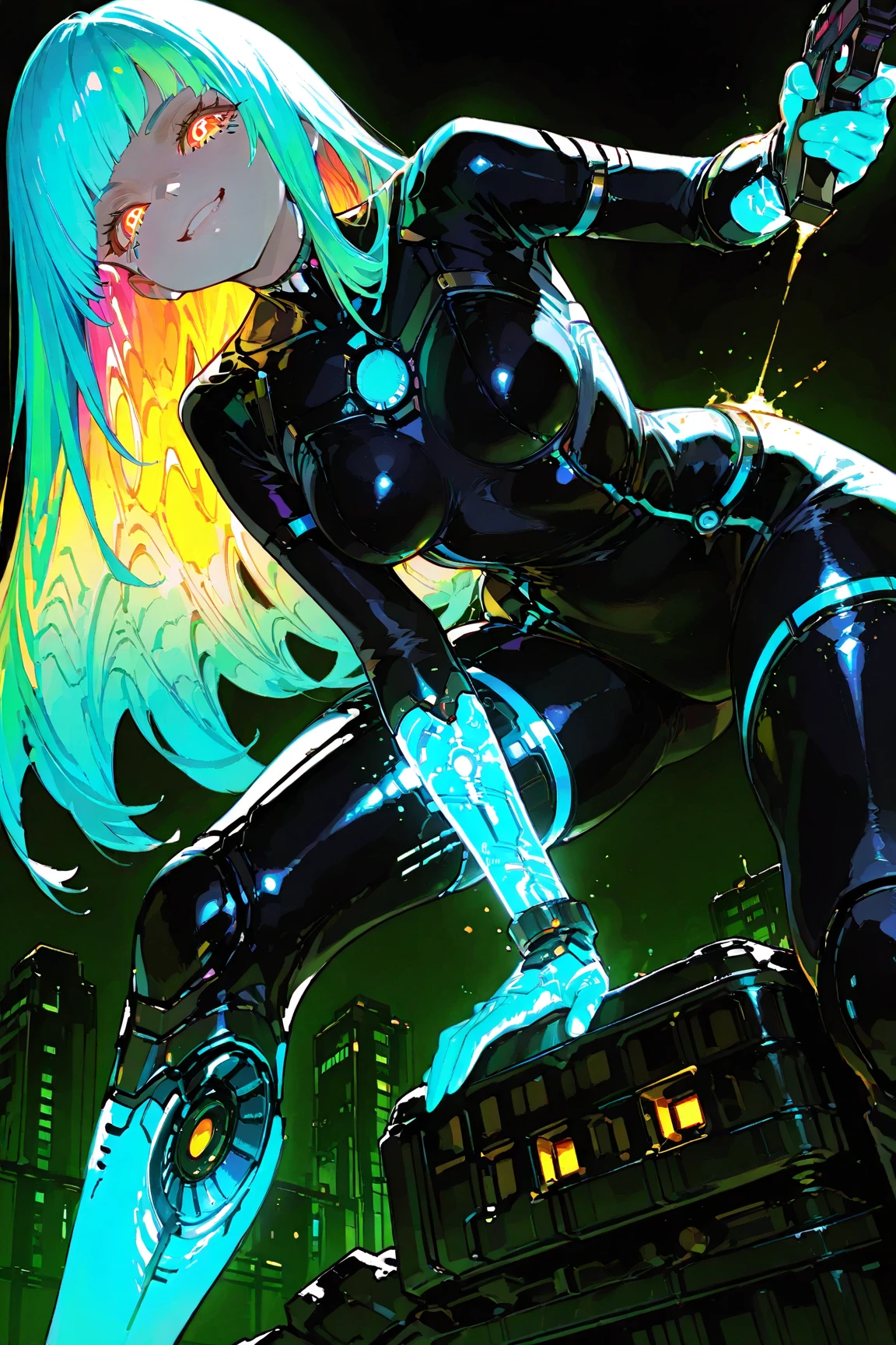 dark Theme,dark_fantasy, cyber punk,Wonders of the machine,Robotic presence, Cybernetics Guardian,purple、simple background,beautiful robotic cyberwoman,(long hair:1),(body suit made of thousands of glowing transistors:1.4),delicate parts,fractal art,colorful,digital painting,(glowing lights and leds:1.3),(robotic breasts with glowing LED:1.2),medium breasts,(background:an elaborate dark cityscape:1.1),(detailed glowing eyes:1.2),intimidating,tattoo,solo focus,view from below,psychotic smile,cyberpunk,(leaning forward),glowing hand,holding gun,(attacking),cross-legged on a pile of robot skulls.,dark_fantasy, cyber punk,Wonders of the machine,Robotic presence,Cybernetics Guardian