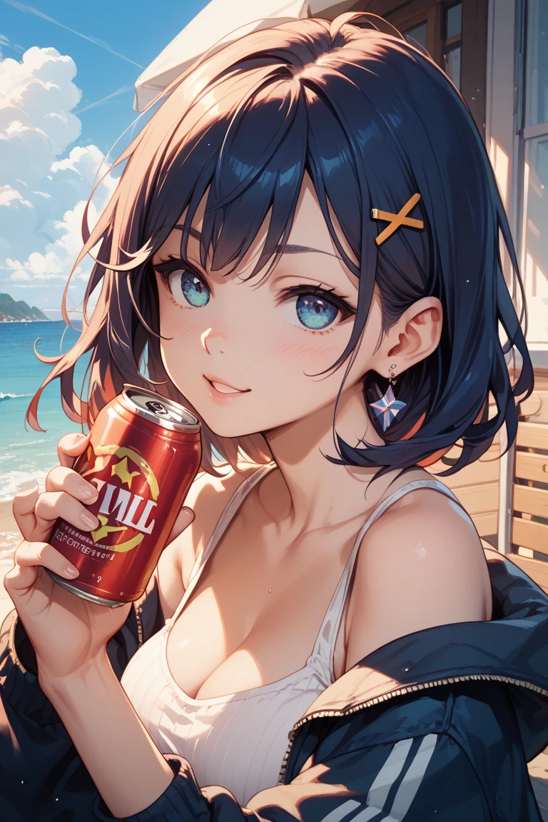 Masterpiece, highest quality, high resolution background, bright and beautiful atmosphere, 3 girls (2 years old, 1 short-tempered round face), 1 (hair, surface effects), big breasts, , upper body close-up, cleavage Holding a cold can of Jules, tight-fitting clothes, touching the can, winking, cheeks turning red, "deltamon_sdXL :0.73) >Deltamon"