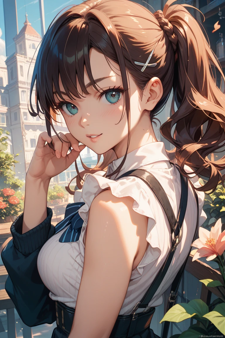 (masterpiece, best quality), 1girl, <lora:Lucy v2:1> 1girl, lucy, very long hair, large breasts, swept bangs, wavy hair, ponytail, hair bow