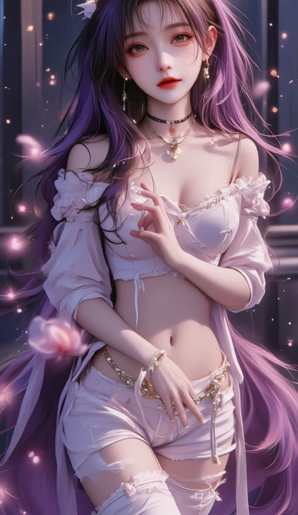 (masterpiece, sidelighting, finely detailed beautiful eyes: 1.2), masterpiece*portrait, realistic, 3d face, glowing eyes, shiny hair, lustrous skin, solo, embarassed, (midriff), purple hair, soft lips, glossy lips