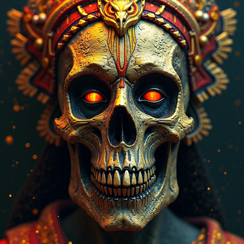 Surreal Buddhist painting, on a skull sits a big monk in a monk's robe, colorful sunlight in a large dark cloud, mysterious power, upward shooting composition, shocking Buddhist art painting, high quality, HD 8K