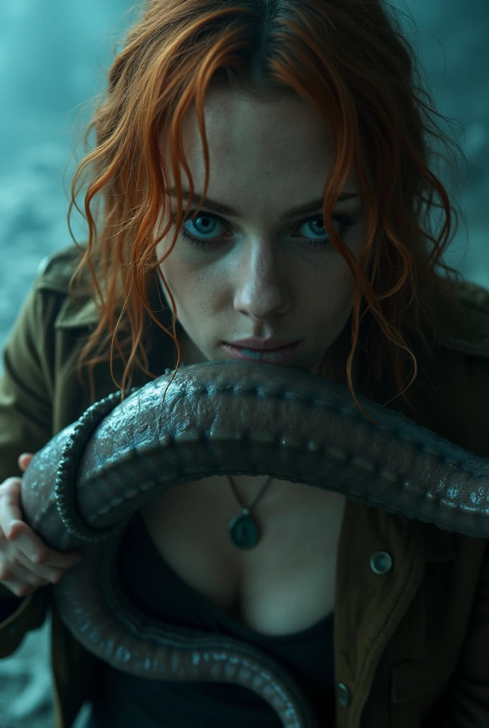 A cute woman (Kate Mara, age 25, dirty, scrapes and scratches, dressed in rags of a torn summer dress) is struggling with a horny tentacle beast as it pulls her clothes off and explores her, slimy cavern

