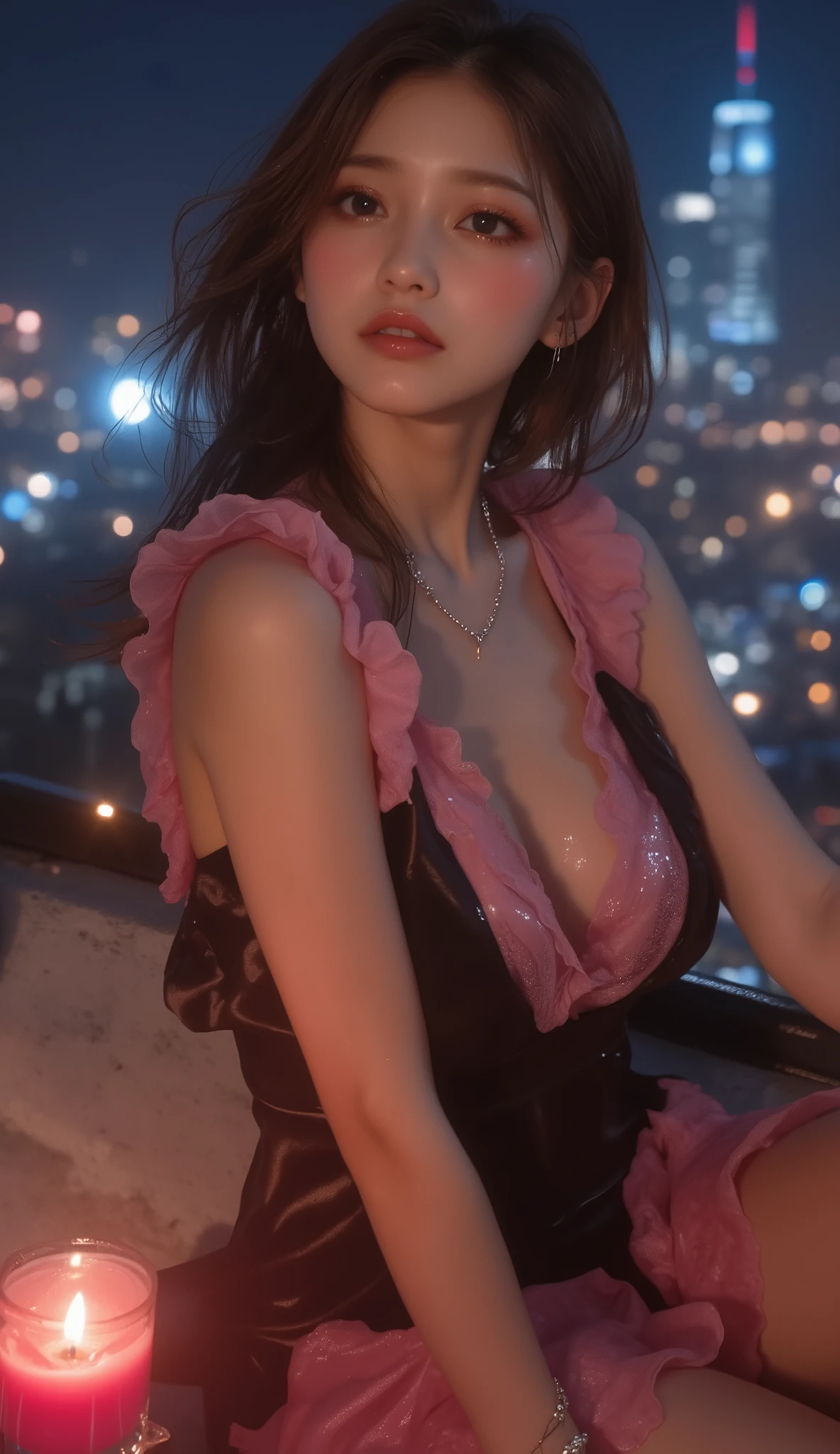 (((masterpiece:1.4, Best Quality:1.4, 8K, ultra high res, Physically Based Rendering))), ultra Beautiful y Woman, perfect style body, 30 years old Marin kitagawa, Detailed large eyes, detailed thin eyebrows, Highlights in the eyes, (Black half updo hair, bangs, hair behind ears), Highly detailed facial and skin texture, Clear focus:1.2, Slender beauty:1.4, a little fat, Clear facial features, (beautiful smiling lips:1.2), (Wearing a nurse dress:1.4, off shoulder,sleeveless, (((dress lift:1.4))), (long beauty legs), (transparent black knee high stockings), (((detailed beautiful pusposed:1.2))), ((pubic hair:1.2)), Cloudy liquid dripping from the pussy tothighs)), (raise her chin:1.2, open mouth), (looking at viewer), (standing with spread legs w below:1.2), ((skyscrapers at night, The sparkle of stt lamps:1.5)), ((Glowing particles dancing in the night sky)),