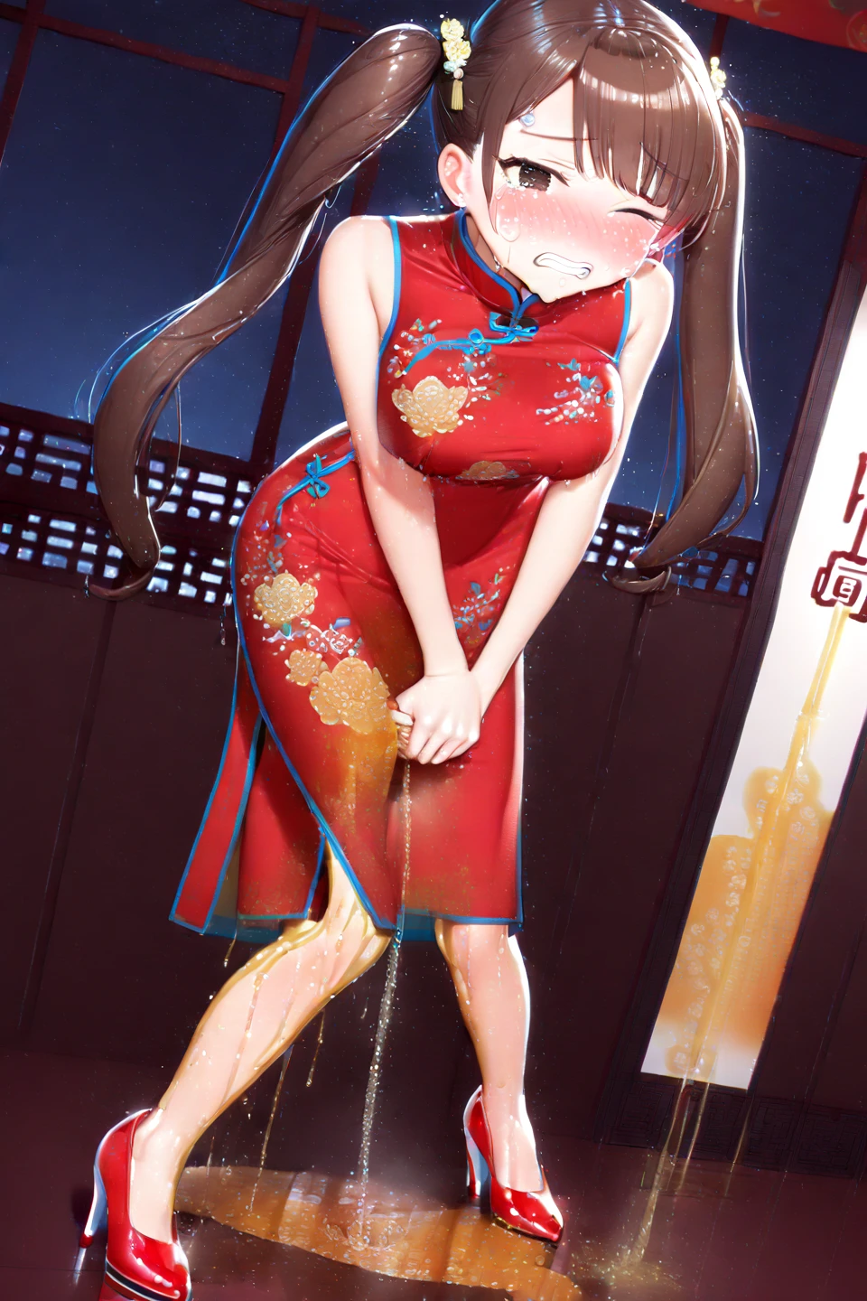 The back of Makihime Mikuni，Han dynasty dress-up，high qulity，A high resolution，one-girl，Dress elegantly and elegantly，There are splashes of water on the soles of the feet，Raised sexy，Large breasts，max detail ，Flower background，Han dynasty --auto